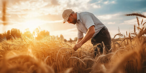 Golden hour harvest: farmer inspecting wheat fields at sunset for sustainable agriculture