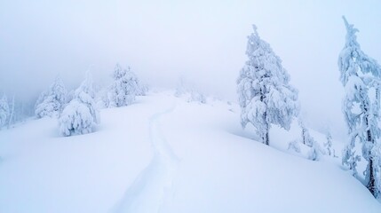 Fototapeta premium Discovering a tranquil winter wonderland with snow-covered trees and a winding trail leading into the serene blue sky