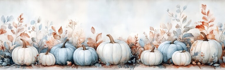 Watercolor White and Blue Pumpkins with Delicate Leaves and Flowers