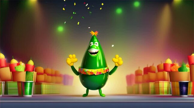 A cheerful party scene full of green-colored food and an animated green banner-wearing pickle dancing with joy
