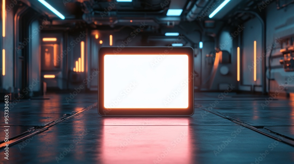 Poster a 3d render of a blank tablet screen in a high-tech workspace