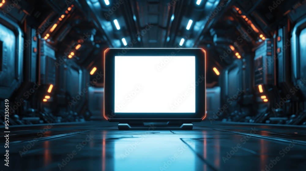 Poster a 3d render of a blank tablet screen in a high-tech workspace