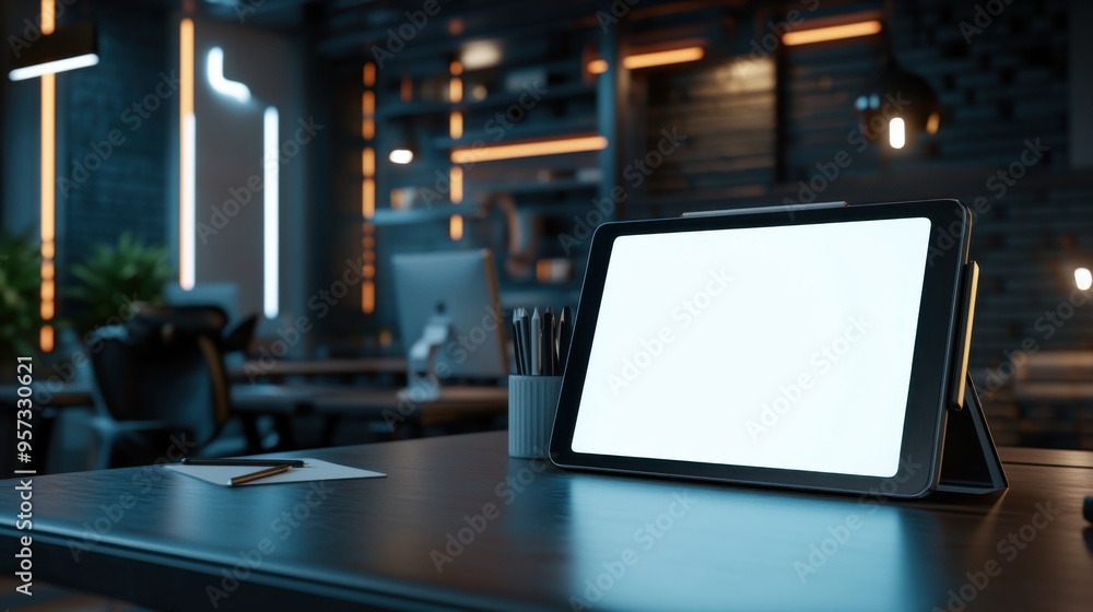 Poster a 3d render of a blank tablet screen in a high-tech workspace