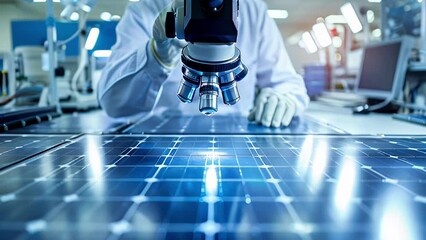Scientist in a lab coat using a microscope to examine a solar panel, representing research, development, and innovation in the field of renewable energy technology
