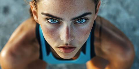 Intense focus of athletic woman with freckles in fitness apparel