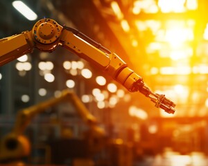 Industrial robots in a sunlit factory, their mechanical arms poised for action, symbolizing the integration of technology and manufacturing
