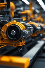 Fototapeta premium Industrial scene of car engines on an assembly line, detailed machinery and robotics working in harmony in a busy factory environment