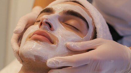 Naklejka premium Relaxing facial treatment at a spa with a male client enjoying skin care in a calming ambiance during the daytime