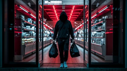 Mysterious Hooded Figure Exiting Convenience Store at Night with Groceries in Neon Light, Depicting a Shadowy Robbery Scene, A Person Hiding Face and Holding Shopping Bags.