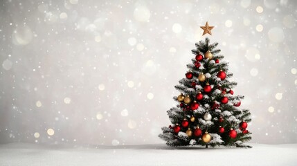 Obraz premium A beautifully decorated Christmas tree with red and golden ornaments nestled in a snowy wonderland surrounded by sparkling lights