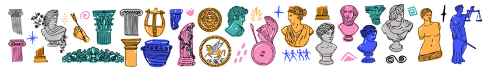 Colorful doodle illustration of Ancient Rome Sculptures