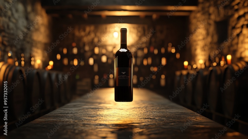 Poster a 3d render of a floating wine bottle in a dark, elegant setting