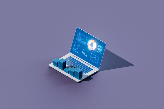 Isometric 3D Render of Financial Data on Laptop