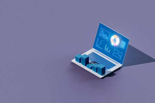 Isometric 3D Render of Laptop with Data Visualization