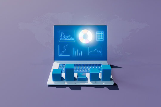 Isometric 3D Render of Laptop with Data Analysis and World Map