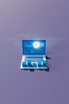 Isometric 3D Render of Global Data Analysis on Laptop