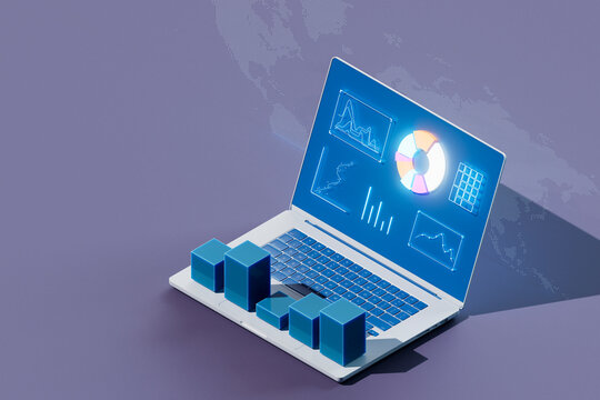 Isometric 3D Render of Data Analysis on Laptop