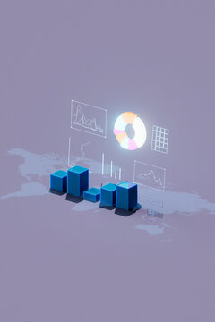 Isometric 3D Render of Bar Graphs with Global Data Visualization