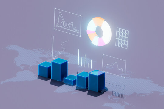 Isometric 3D Render of Data Visualization with Global Map