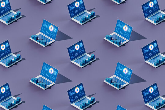 Isometric 3D Render Pattern of Data Analysis on Laptops