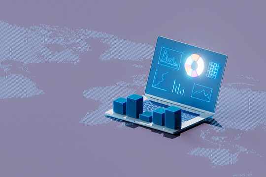 Isometric 3D Render of Laptop with Global Data Analysis