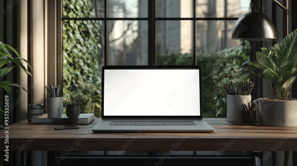 Poster a 3d render of a sleek laptop on a designer desk with a blank screen for website mockup