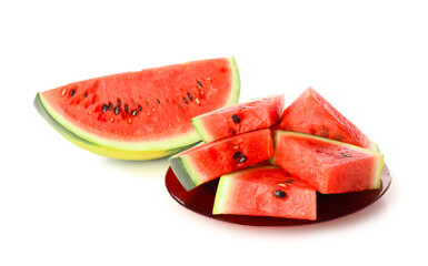 Plate with pieces of fresh watermelon on white background