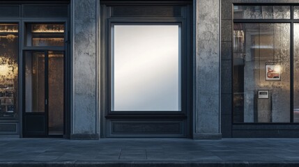 A 3D render of a storefront window with a blank poster for retail mockup