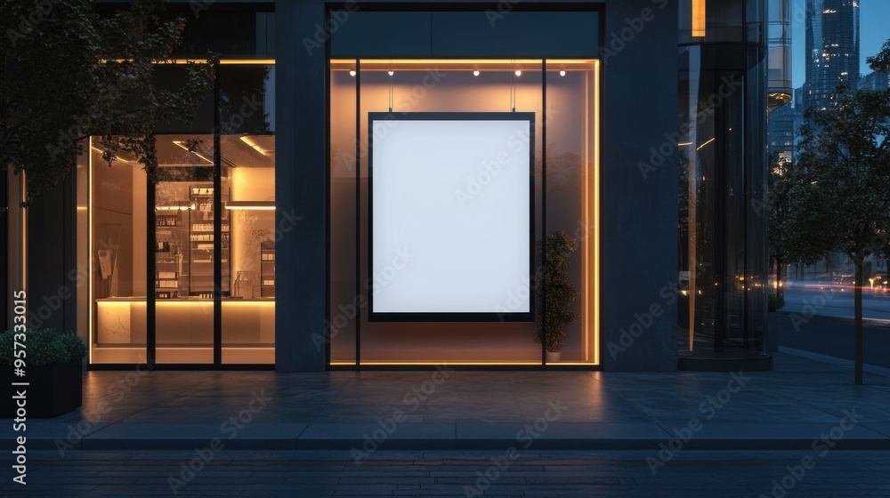 Poster a 3d render of a storefront window with a blank poster for retail mockup
