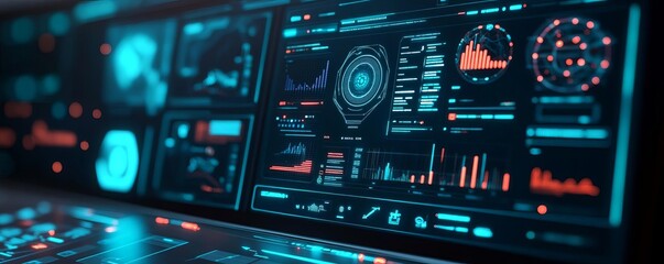 Fototapeta premium Futuristic support dashboard, AI interface, glowing digital graphics, sleek workspace