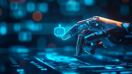 Futuristic tech support, hologram dashboard, AI integration, blue digital aesthetics