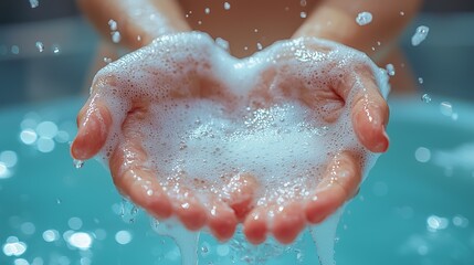Fototapeta premium Close-up shot of hands covered in soap suds, held over blue water with bokeh effect splashing droplets.