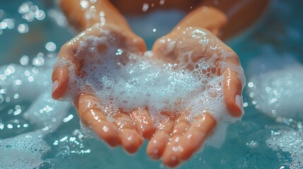 Fototapeta premium Close-up of hands holding foamy soap, highlighting cleanliness and hygiene in a bright, refreshing setting.