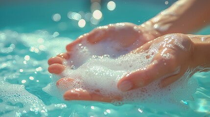Fototapeta premium Close-up of hands washing with soap and water, creating bubbles and splashes against a blue background.