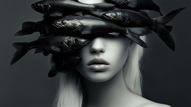 Surreal black-and-white portrait of a woman with fish covering her eyes, blending natural elements with fantasy art.