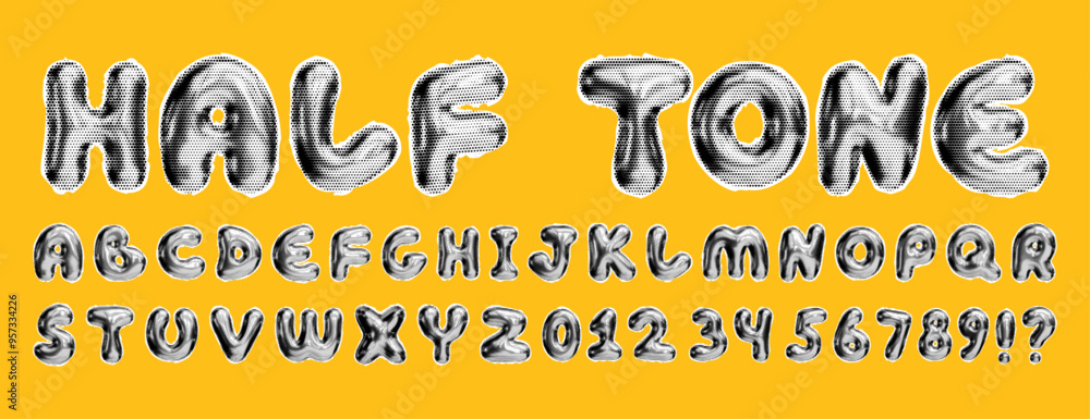 Poster 3d font with halftone effect. metallic chrome inflated font with a paper cut effect and torn edges t