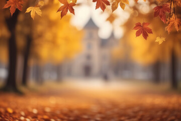 Autumn colorful leaves on blurred bright foliage trees and buildings background, defocused fall city landscape. For autumnal decoration, seasonal backdrop, wallpaper, digital art, banner, advertising