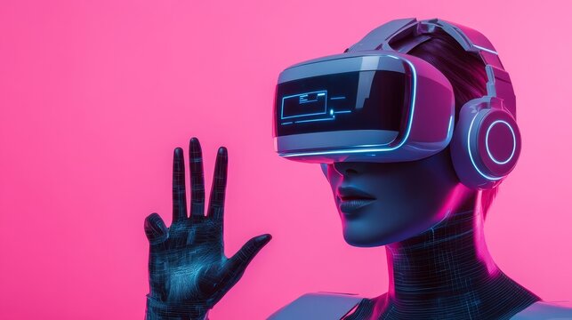 Holographic customer interaction, advanced support system, neon cyber visuals, corporate setting