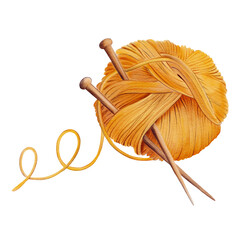 Watercolor knitting yarn. Knitting needles inserted into a ball of orange yarn. Perfect for autumn decor, postcards, product packaging.