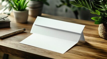 A blank envelope and letterhead on a wooden desk for corporate branding mockup