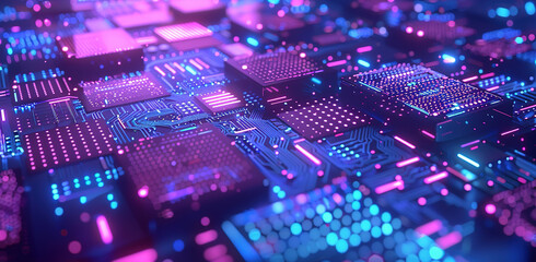 Obraz premium Detailed image of a glowing circuit board with neon lights on a dark background. Concept of technology and digital innovation