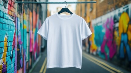 Obraz premium White T-Shirt Hanging Against Graffiti Wall Background
