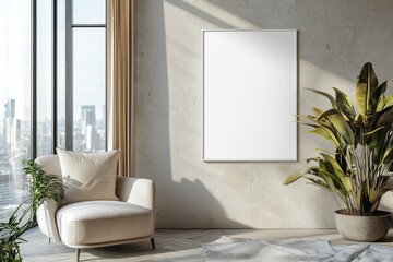 Poster Frame in Beige minimalist living room interior created with generative AI