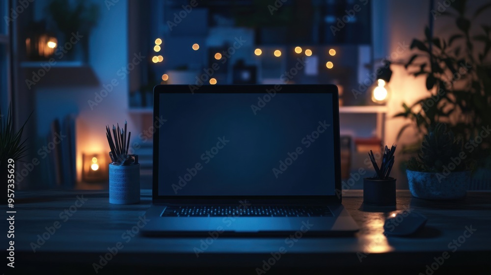 Poster a blank laptop screen in a dark mode office setting for a coding environment mockup