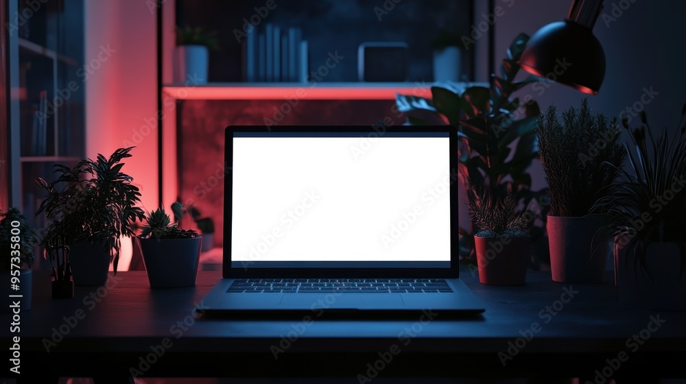 Poster a blank laptop screen in a dark mode office setting for a coding environment mockup