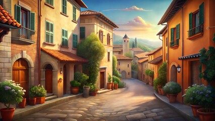 Fototapeta premium Scenic street view with vibrant plants and historical buildings in a warm evening light 