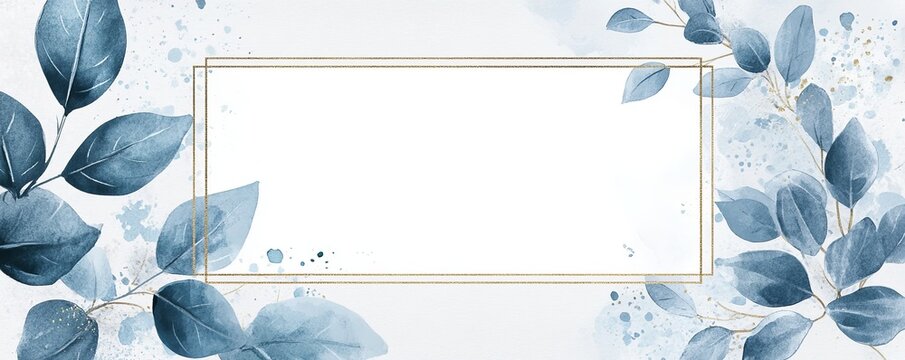 Elegant botanical invitation background with blue leaves and gold border