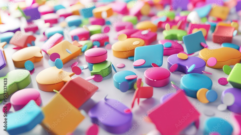 Poster abstract background with colorful geometric shapes scattered on a white surface.