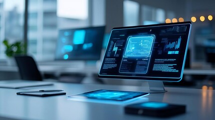 Smart support system, floating holographic panels, modern office aesthetic