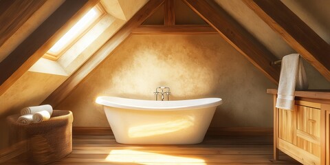 Cozy attic bathroom with a freestanding tub, wooden beams, and a skylight, filled with warm natural light, offering a peaceful and inviting atmosphere